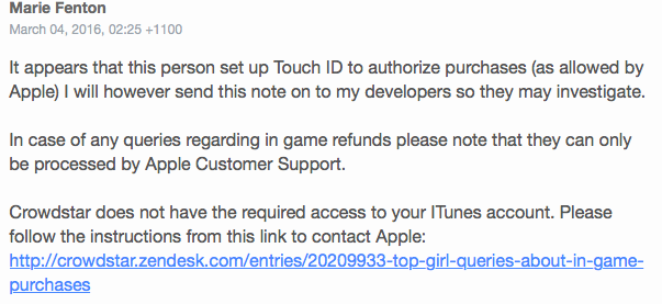 Screenshot of letter received from Crowdstar