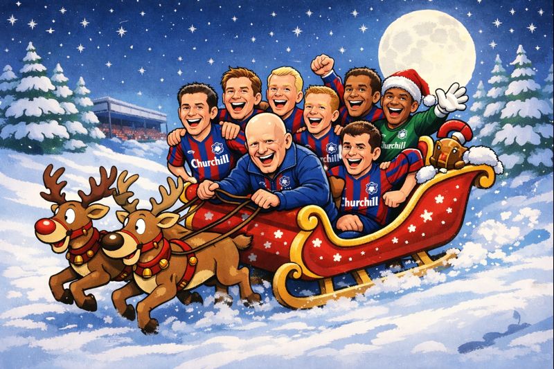 Cartoon image of memebers of Crystal Palace in a sled drawn by reindeer