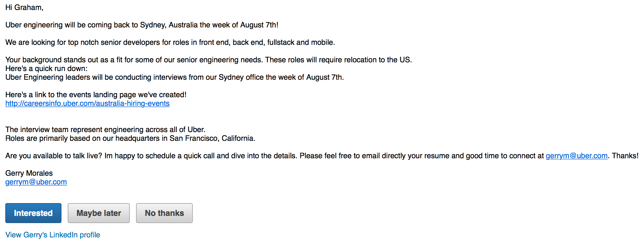 LinkedIn message asking if I'm interested interviewing for roles at Uber